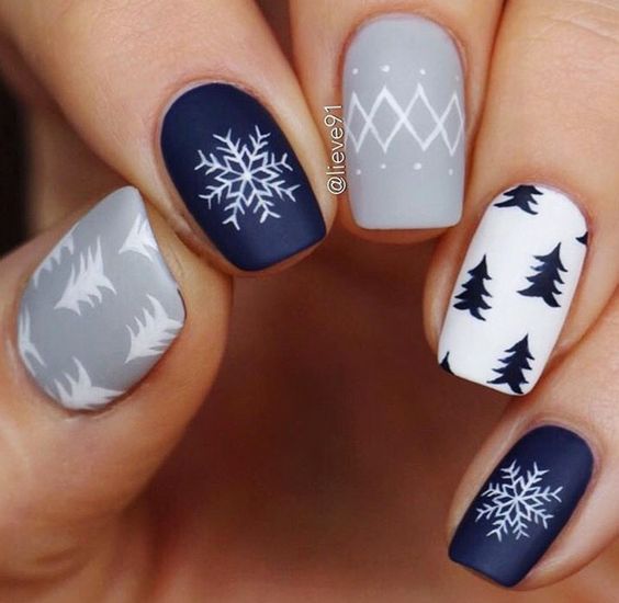 Gray and blue Christmas nail designs